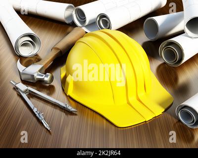 Plans de construction, casque et outils sur la table Banque D'Images