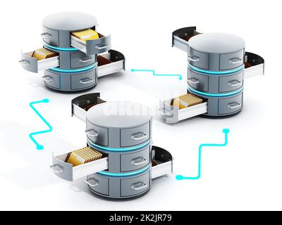 Serveurs de données connectés avec des racks de fichiers ouverts. 3D illustration Banque D'Images