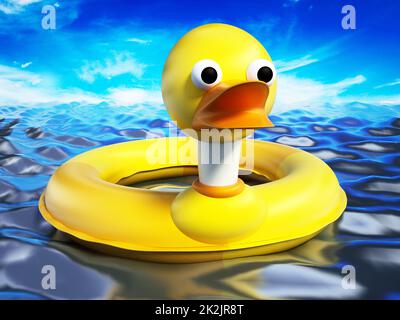 Bouée de sauvetage de canard jaune debout sur la surface de la mer. 3D illustration Banque D'Images
