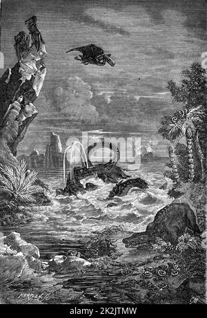 Reconstruction imaginative de la Terre au temps des dinosaures. De 'Astronomie populaire' par Camille Flammarion (Paris, 1881). Gravure.