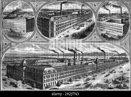 Usines de la société Singer Sewing machine. En haut à gauche. Cabinet travaille à Govan, Glasgow, Écosse. Centrer la partie supérieure. Usine de Glasgow, Écosse. En haut à droite. Usine de South Bend, Indiana, états-unis. Bas. Usine à Elizabethport, New Jersey, états-unis. De « Great Industries of Great Britain » (Londres, c1880). Gravure. Banque D'Images