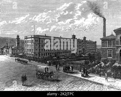 Saltaire, la ville et l'usine de textile modèle près de Bradford, dans le Yorkshire, fondée en 1851 par l'industriel Titus Salt (1803-1876). Salt avait des contrats gouvernementaux pour produire du tissu pour les uniformes militaires. De « Great Industries of Great Britain » (Londres, c1880). Gravure. Banque D'Images