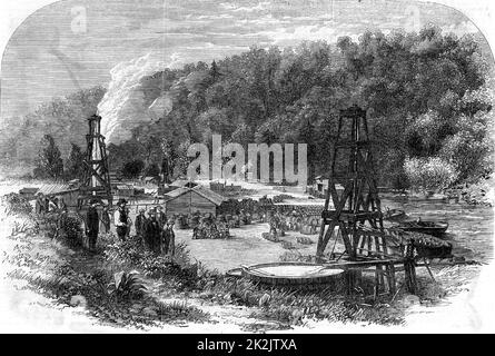 Sources d'huile à Tarr Farm, Oil Creek, Venango County, Pennsylvanie, états-unis. Gravure de 'The Illustrated London News' (Londres, 8 novembre 1862). Carburant. Hydrocarbure. Banque D'Images