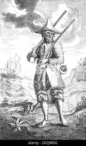 Robinson Crusoe, pieds nus et vêtu de peaux de chèvre, photographié sur l'île où il a passé de nombreuses années après son naufrage. Frontispice de la première édition de 'The Life and Strange surprenant Adventures of Robinson Crusoe' par Daniel Degoe (Londres, 1719). Il est revendiqué comme le premier roman anglais. Gravure. Banque D'Images