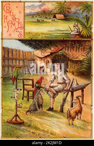 « La vie et les étranges aventures surprenantes de Robinson Crusoe » de Daniel Degoe. Publié pour la première fois en 1719, il est revendiqué comme le premier roman anglais. Crusoe, entouré de ses animaux de compagnie, à l'extérieur de la grotte, il a fait sa maison et protégé par un stock. Au sommet se trouve une tente sur un plateau herbeux qu'il a utilisé comme résidence d'été. De 'Bubbless' C1900 publié par Dr Barnados Homes for Children. Oleographe. Banque D'Images