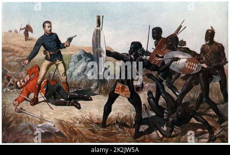 Un incident à la bataille d'Isandlwana (Isanhlwana). Les lieutenants Melvill et Coghill (24th Regiment) meurent pour sauver les couleurs de la Reine. 22 janvier 1879. Guerre de Zulu. Après peinture par C.E. Fripp Banque D'Images