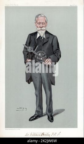 William Crookes (1832-1919) tenant le tube de décharge qui porte son nom. Physicien et chimiste britannique. Caricature de 'Spy' (Leslie Ward) de 'Vanity Fair', Londres, mai 1903 Banque D'Images