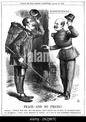 Napoléon III, empereur français 1852-1870, vêtu d'un rag-picker (Chiffonnier), mis en garde par Otto von Bismarck, chancelier prussien. Les ambitions territoriales de Napoléon ont conduit à la guerre franco-prussienne de 1870-71. Dessin animé John Tenniel de Punch, Londres, 25 août 1866. Gravure Banque D'Images