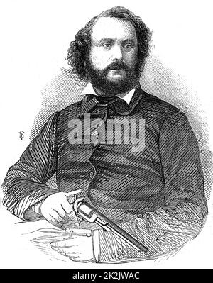 Samuel Colt (1814-1862), inventeur et industriel américain, présenté ici avec le revolver Colt, l'arme qui, après la guerre mexicaine de 1846-8, a été adoptée par l'armée américaine. De 'The Illustrated London News', 22 novembre 1856. Gravure en bois Banque D'Images