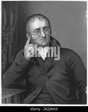 John Dalton (1766-1844) chimiste et maître d'école anglais. Décrit la cécité des couleurs (daltonisme) dont lui et son frère ont souffert. Gravure. Banque D'Images