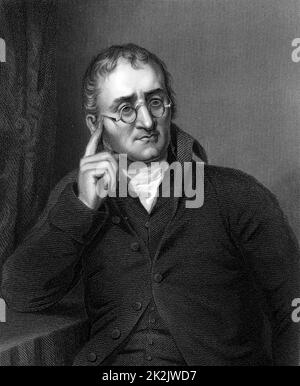 John Dalton (1766-1844) chimiste anglais. En 1794 décrit la cécité des couleurs (daltonisme) dont lui et son frère ont souffert. Théorie atomique : gaz gravure : Banque D'Images