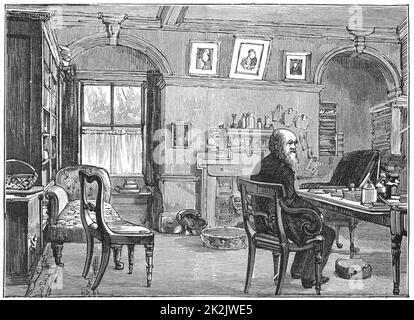 Charles Darwin (1809-1882) dans son étude à Down House, Beckenham, Kent. Naturaliste anglais. Évolution par sélection naturelle. Gravure Banque D'Images