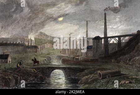 Nant-y-Glow Iron Works, Monbucshire, pays de Galles: Propriétaire Richard Crawshay (1739-1810). Gravure faite à la main c.1830 après aquarelle par George Robertson c.1788, montrant la scène au clair de lune. Les bâtiments de gauche sont probablement des fours de flaques, ceux de droite des fours de Blast. Banque D'Images