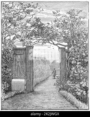 Charles Darwin (1809-1882), naturaliste anglais. Évolution par sélection naturelle. Darwin dans son jardin à Down House, près de Beckenham, Kent. Gravure Banque D'Images
