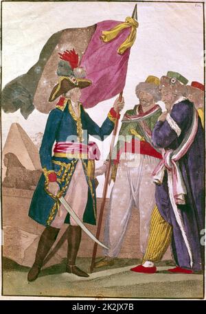 Anonyme: Napoléon Bonaparte en Egypte rencontre des dignitaires locaux devant les Pyramides, 1798-99. Gravure. Bibliothèque nationale, Paris. Banque D'Images