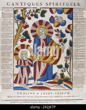 St Joseph et Jésus marchant main dans la main. 18e/19e siècle gravure sur bois couleur Français Banque D'Images