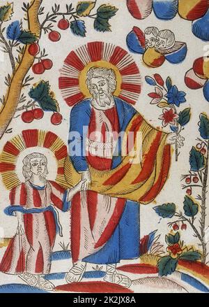 St Joseph et Jésus marchant main dans la main. 18e/19e siècle gravure sur bois couleur Français Banque D'Images