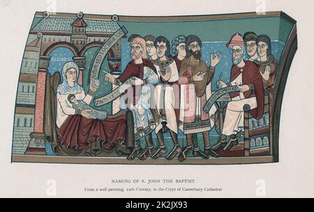 Désignation de Saint Jean le Baptiste. Lithographie après 12e siècle peinture murale dans la crypte de la Cathédrale de Canterbury, Angleterre Banque D'Images