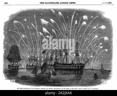 GUERRE russo-turque (Crimée) 1853-6. Commémorations de la paix à Plymouth, Angleterre. Fusées et éclairage général de la flotte dans Plymouth Sound. De 'The Illustrated London News', 1 juin 1856 Banque D'Images