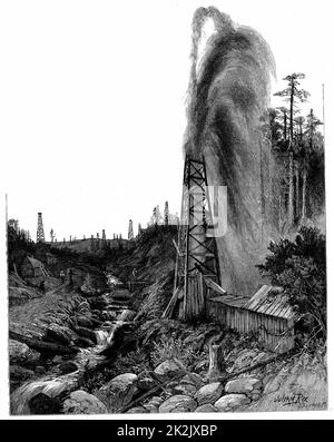 Un puits jaillissant dans les champs pétrolifères du Pennsylvanien. La gravure sur bois 1886 Banque D'Images