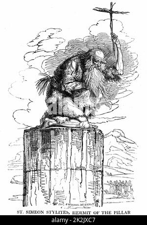 St Simeon (Simon) Stylites (387-459) Hermite du pilier. Pilier syrien-saint. 7 ans de solitude auto-imposée dans le monastère syrien, puis passé 30 ans au sommet d'un pilier de 72ft prêchant à la foule. Woodcut publié Londres 1825 Banque D'Images