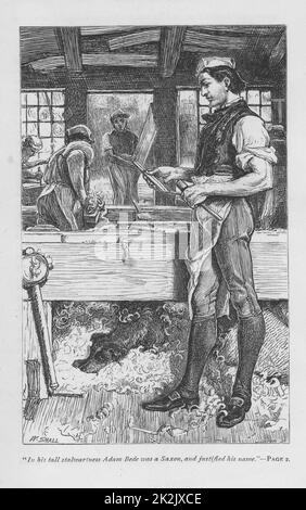 Adam Bede, le charpentier du village, dans l'atelier, son chien Gyp sur une pile de copeaux sous le banc. 'Adam Bede' de George Eliot, première publication en 1859. Illustration de William Small (1843-1929) d'une édition publiée vers 1885 Banque D'Images