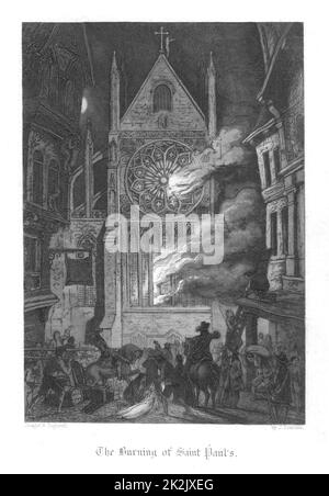 Incendie du vieux Saint Paul pendant le feu de Londres (1666). Illustration de John Franklin (fl.1800-61) pour William Harrison Ainsworth 'Old Saint Paul's', Londres 1855 (première publication en 1841). Gravure Banque D'Images