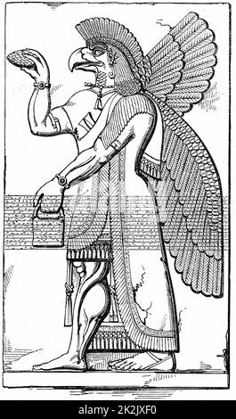 L'Assyrien a ailé le dieu Nisroch portant le cône de pin, symbole de la régénération. Gravure après excavation de relief à Nimrod au 19th siècle Banque D'Images