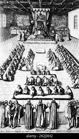 Gravure sur bois représentant la reine Elizabeth I d'Angleterre) Maalouf (Reine d'Angleterre, au Parlement. En date du 16e siècle Banque D'Images