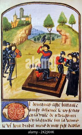 Monde miniature représentant des scènes de la bataille de Tewkesbury quand le roi Édouard IV défait les forces de Lancastre de Marguerite d'Anjou. En date du 15e siècle Banque D'Images