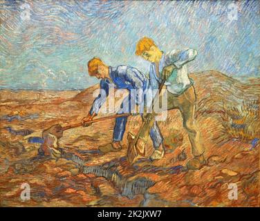 Deux paysans creusant (huile sur toile) par Vincent Van Gogh (1853-1890) un peintre postimpressionniste d'origine néerlandaise dont le travail - remarquable pour sa beauté brute, l'honnêteté émotionnelle et bold color - avait une profonde influence sur l'art du xxe siècle Banque D'Images