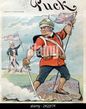 La télégraphie sans fil par Louis Dalrymple, 1866-1905, l'artiste. John Bull marqués 'Angleterre' debout sur une roche appelée 'South Africa', tenant une épée dans une main et un drapeau britannique marqués 'bonne volonté' dans l'autre ; il est à la recherche de retour à l'Oncle Sam qui est debout sur le sol marqués 'U.S." et brandissant un drapeau américain marqués 'bonne volonté'. Illustration de Rondelle, 1899. Banque D'Images