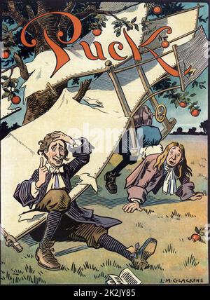 La découverte de la loi de la gravitation par Louis Glackens, 1866-1933, publié en 1910 l'artiste rondelle 5 octobre. L'illustration montre un Wright Brothers avion s'est écrasé sur un arbre avec Sir Isaac Newton et un autre homme dans l'épave sur le terrain. Banque D'Images