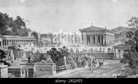 Illustration représentant l'enceinte sacrée à l'Olympia, un sanctuaire de la Grèce antique dans la péninsule du Péloponnèse sur Elis, est connu pour avoir été le site des Jeux Olympiques de l'époque classique Banque D'Images