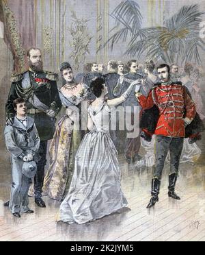 Tsar Alexander III avec les Tsarina et Tsarevitch (plus tard Nicholas II) participant à un bal à la résidence de l'ambassadeur de France à Saint-Pétersbourg. De 'le petit Journal', Paris, 11 mars 1893. Banque D'Images