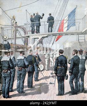 Saluant le drapeau pendant les manœuvres navales françaises. Depuis le petit Journal, Paris, le 1 août 1891. Banque D'Images