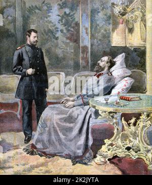 Un Tsar Alexandre III de Russie malade et affaibli parlant avec sa sone le futur Nicolas II Du « petit Journal », Paris, 5 novembre 1894. Banque D'Images