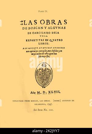 Couverture de Las Obras par Boscan Juan Boscán Almogáver, (1490-1542), poète espagnol, même s'il était catalan, il écrivit exclusivement en espagnol. Les œuvres les plus célèbres de Juan Boscán apparaissent à Las obras de Boscán y algunas de Garcilaso de la Vega repartidas en quatro libros (les œuvres de Boscan et certaines de Garcilaso de la Vega divisées en quatre volumes). Banque D'Images