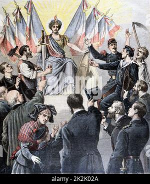 Bonne année en France ! Illustration de citoyens de tous les horizons buvant un toast à une figure allégorique de France entourée par le tricolore. A partir de « le petit Journal », Paris, le 3 janvier 1891. Banque D'Images