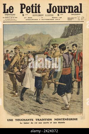 Guerre des Balkans : Nicolas Ier de Monténégro (1841-1921), qui régna de 1910-1918. Nicholas en accord avec la tradition nationale, donnant un baiser paternel pour les morts et les blessés. À partir de 'Le Petit Journal', Paris, le 3 novembre 1912. Banque D'Images