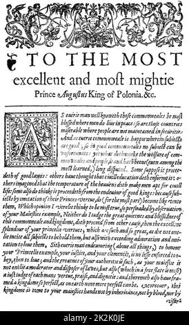 Dédicace au roi de Pologne Sigismund II Augustus I dans le conseiller la première traduction en anglais de Wawrzyniec Grzymala Goslicki de optimo senatore.(1598) Banque D'Images