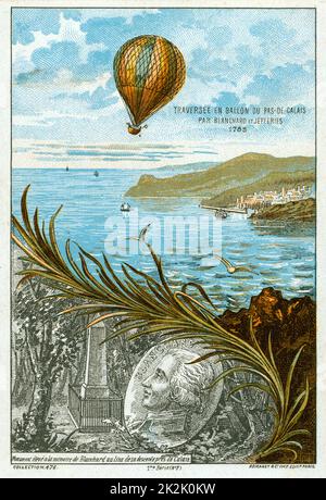 Première traversée de la Manche en ballon, le 7 janvier 1785 par Jean-Pierre Blanchard, inventeur français, américain et le Dr John Jeffries de Douvres à Guines, 2 heures et 30 minutes. Chromolithographie c1883. Montgolfière Aviation aéronautique Banque D'Images