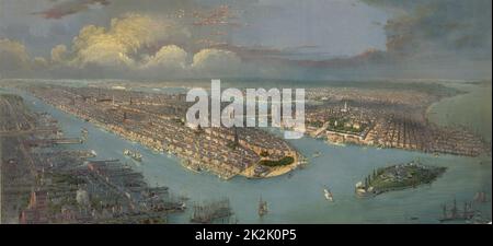 Vue panoramique sur la ville de New York et le port avec le bord de mer du New Jersey, à gauche. Governor's Island et Battery Park, premier plan. Le centre est le pont de Brooklyn (1883) au-dessus de l'East River reliant Brooklyn et Manhattan. Amérique états-unis Banque D'Images