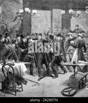 Attaque au couteau sur Georgevitch, plénipotentiaire serbe en France au restaurant Duval, rue de l'Opéra, Paris. Du « petit Journal », Paris, 2 décembre 1893. Europe du Sud-est, Balkans Banque D'Images