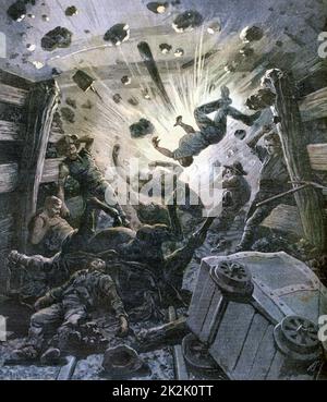 Explosion d'un feu humide dans une mine de charbon à Anderlues, Belgique. 154 hommes ont perdu la vie et 8 ont été grièvement blessés. Du « petit Journal », Paris, 2 avril 1892. Banque D'Images