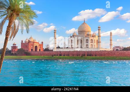 Taj Mahal vue arrière sur la Yamuna, Agra, Inde Banque D'Images