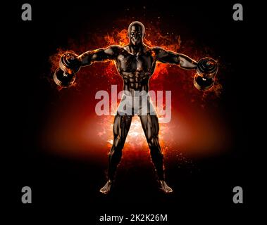 Bodybuilder musclé avec haltères. Concept d'explosion d'incendie. 3d illustration Banque D'Images