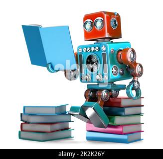 Livres de lecture Retro robot. Isolé. 3D illustration. Contient un masque Banque D'Images