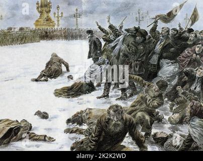 Sur l'ordre du tsar Nicolas II, des soldats ont feu sur des rebelles en face du Palais d'hiver de Saint-Pétersbourg, pendant le 'Dimanche Rouge', 22 janvier 1905 ; Russie Banque D'Images