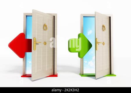 Flèches d'entrée et de sortie des portes. 3D illustration Banque D'Images